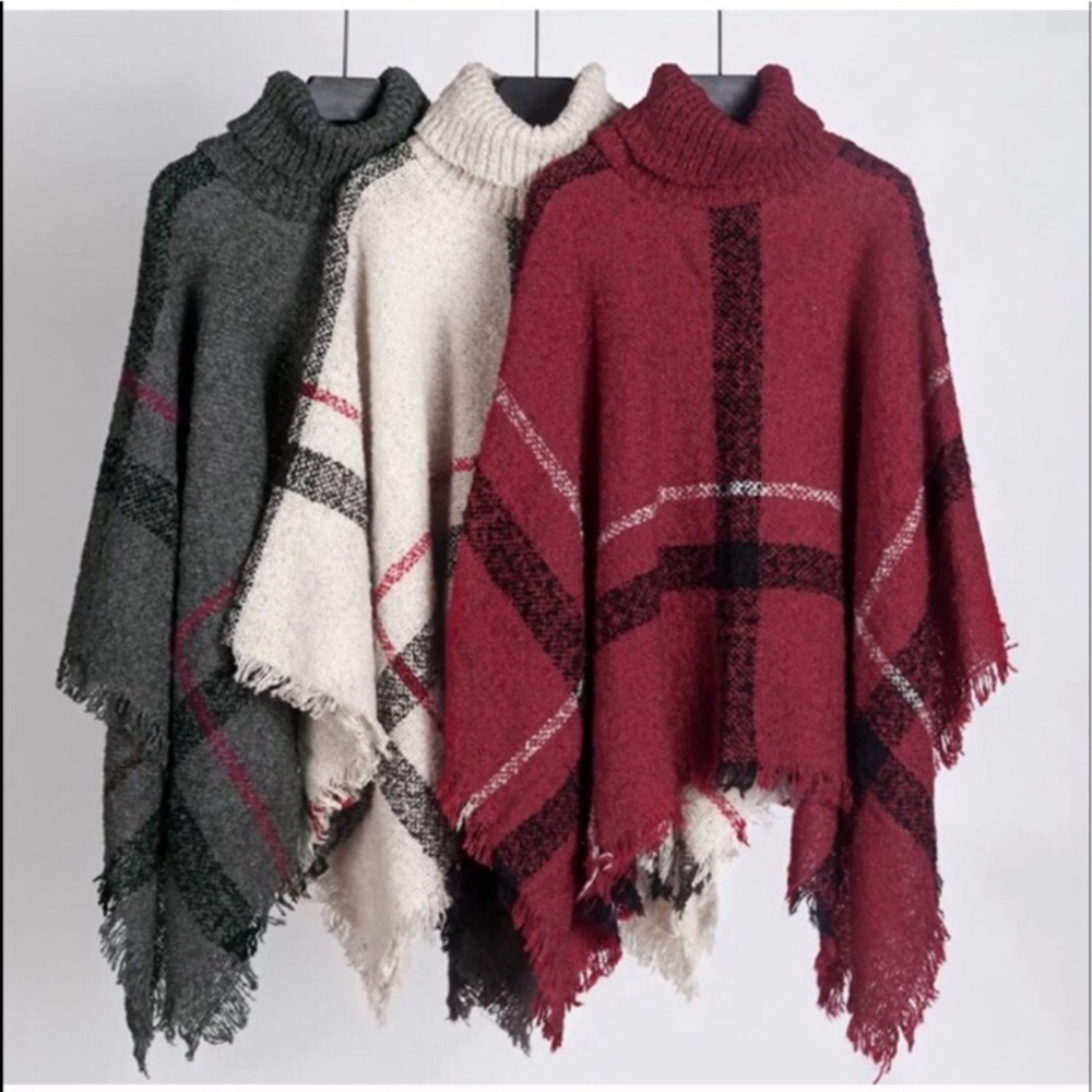 Heavyweight Gray Plaid Turtleneck Ponchos - Picture 2 of 4